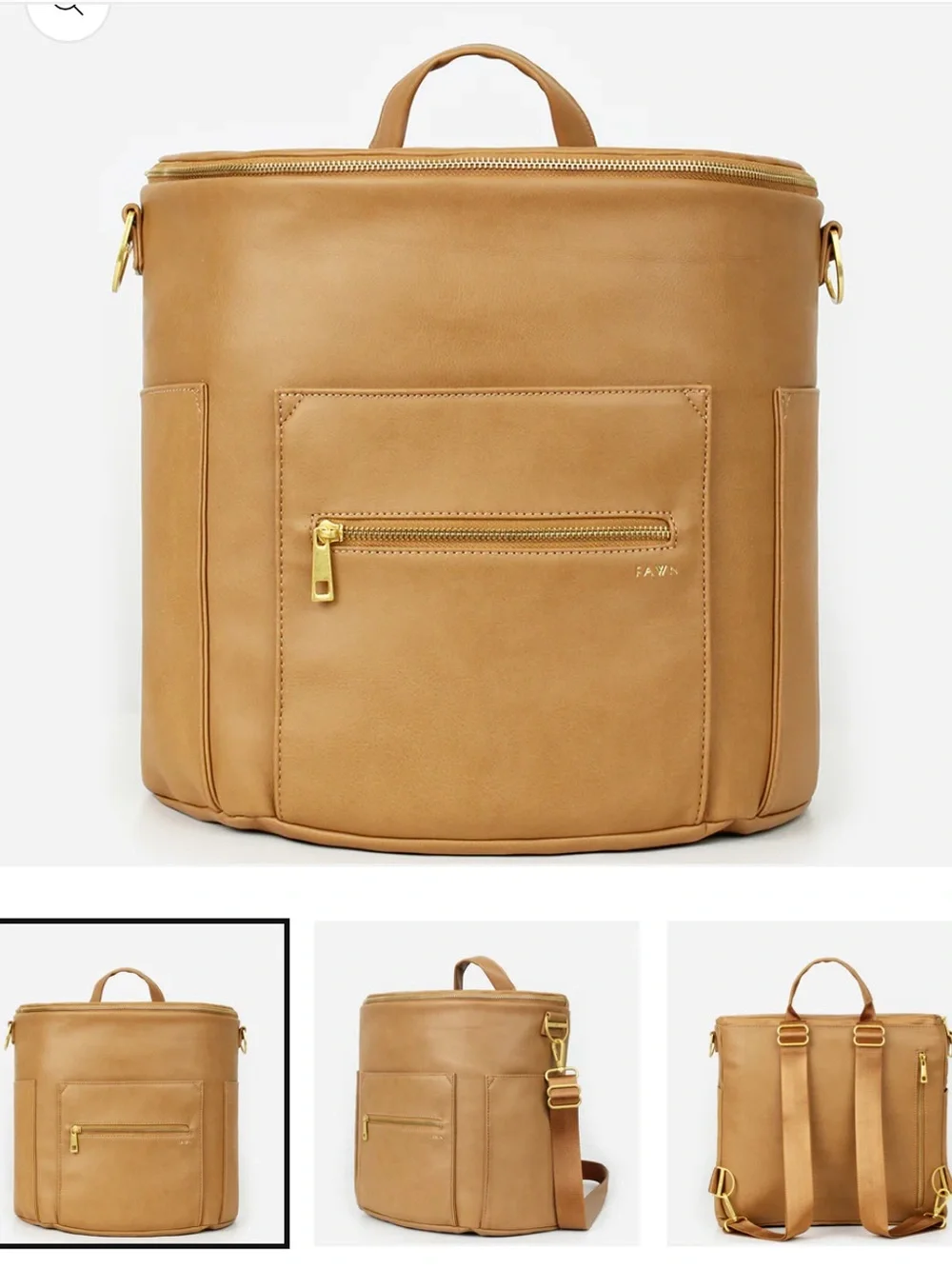 FAWN Original Diaper Bag Tan Leather Convertible Backpack with Front Zip Pocket